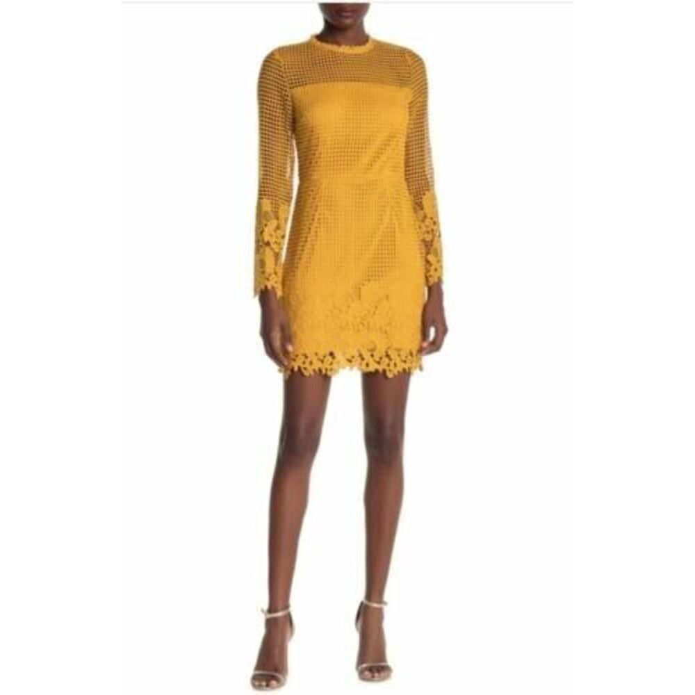 One One‎ Six Women's Harlequin Guipure Lace Trim Dress in Mustard Medium